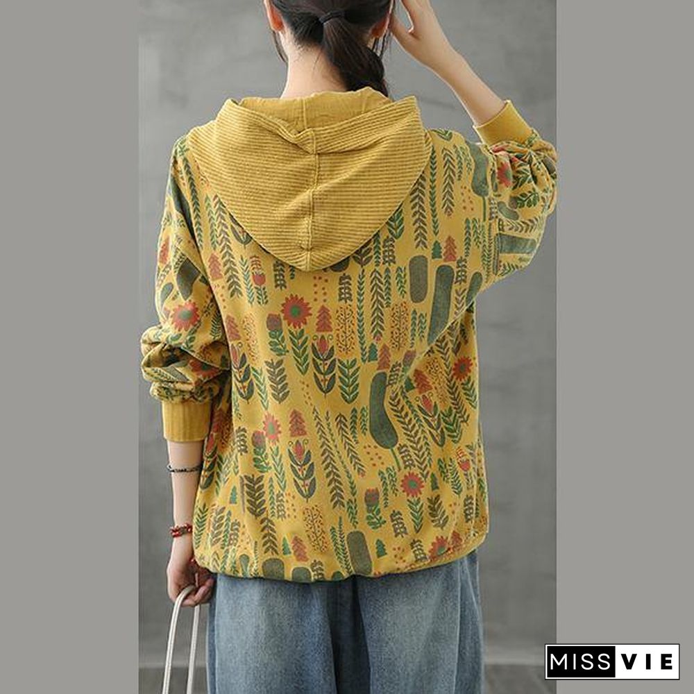 Organic hooded fall crane tops Neckline yellow Plant printing shirts