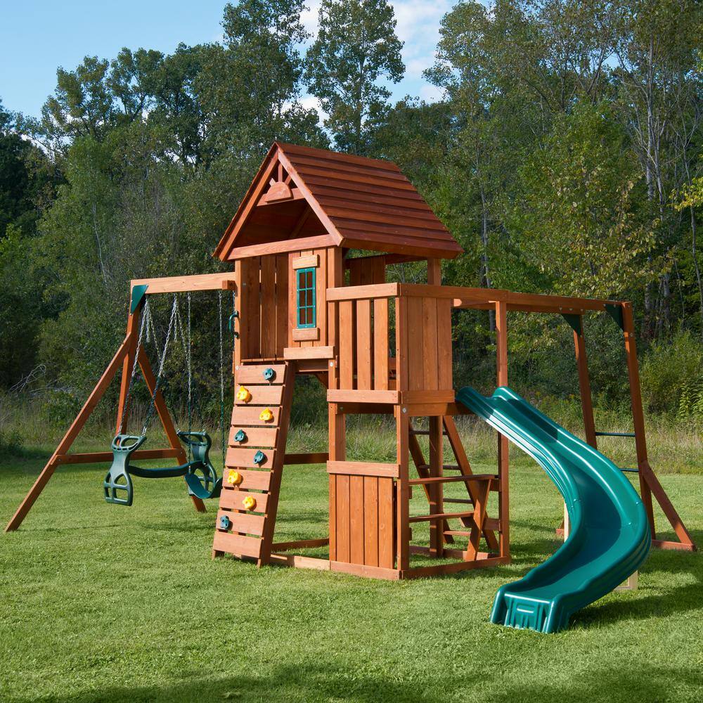 Swing-N-Slide Playsets Cedarbrook Deluxe Complete Wooden Outdoor Playset with Slide Rock Wall Swings and Backyard Swing Set Accessories PB 8030