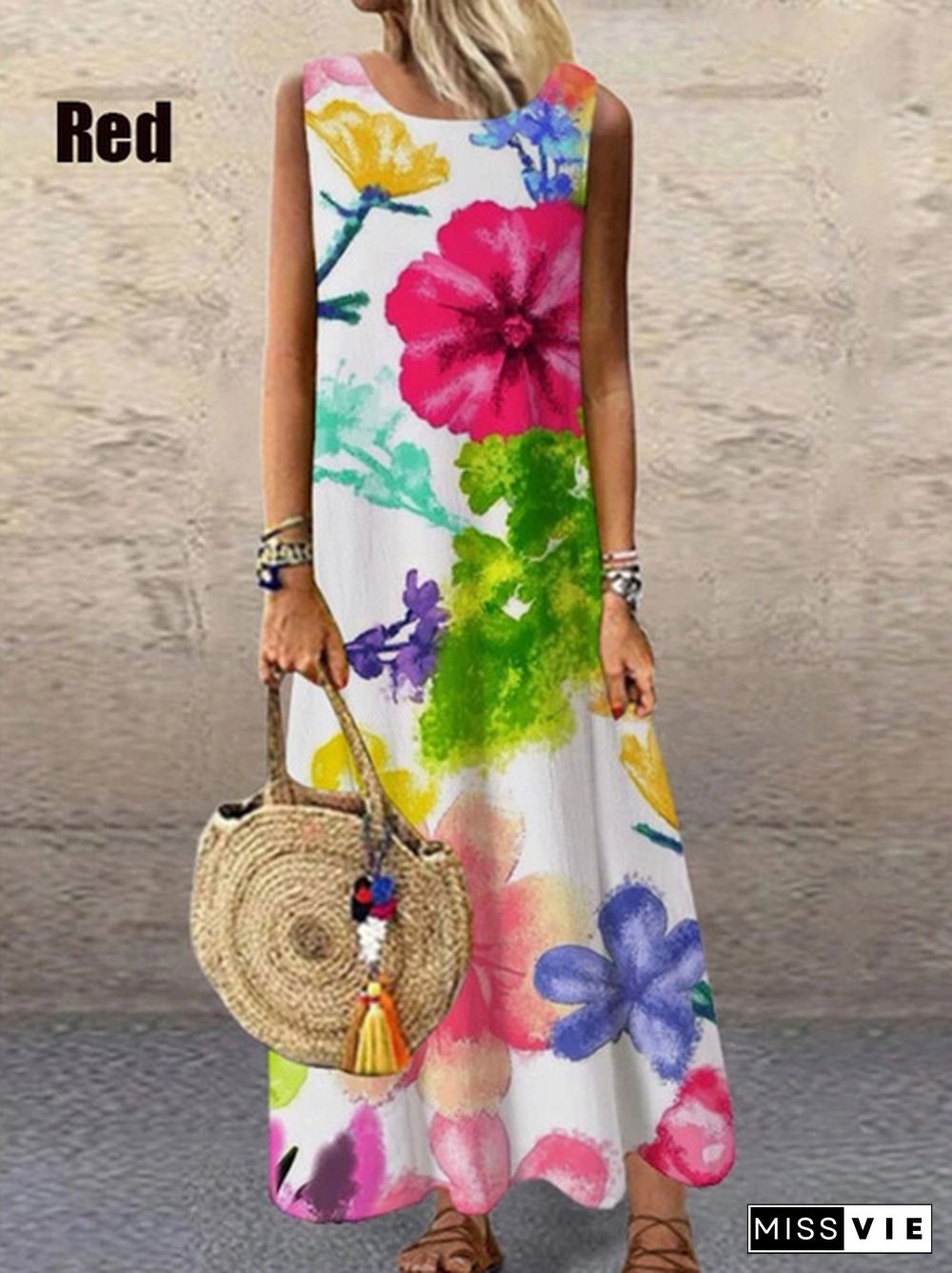 New Fashion Women's Elegant Sleeveless Flowers Print A-Line Dress Round Neck Casual Party Dresses Long Dress Plus Size