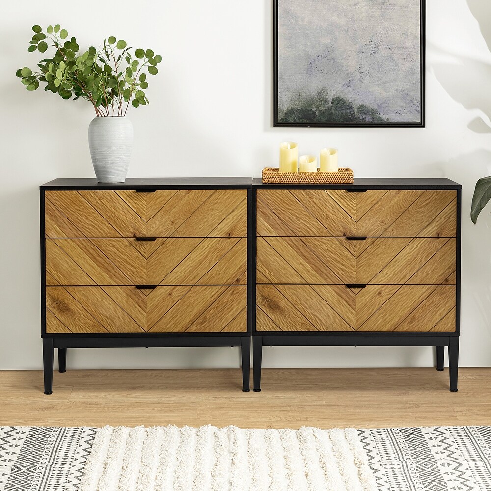 Jakob Modern Storage Three drawer Dresser with Metal Legs Set Of 2 By HULALA HOME