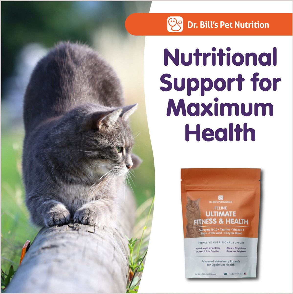 Dr. Bill's Pet Nutrition Feline Ultimate Health and Fitness Cat Supplement Powder， 180-gm pouch