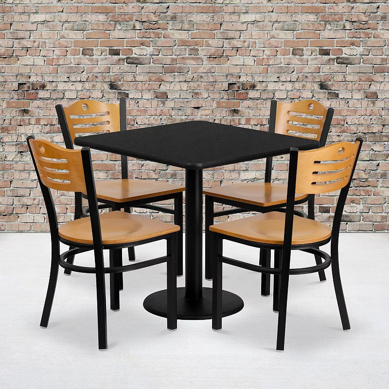 Emma and Oliver 30'' Square Laminate Table Set with 4 Wood Slat Back Metal Chairs