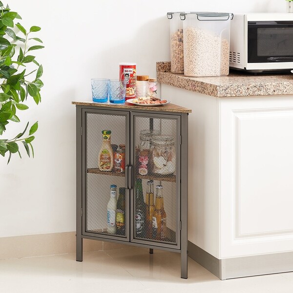 Industrial Triangle Corner Table with Dual Door and 3-tier Shelf Storage Cabinet