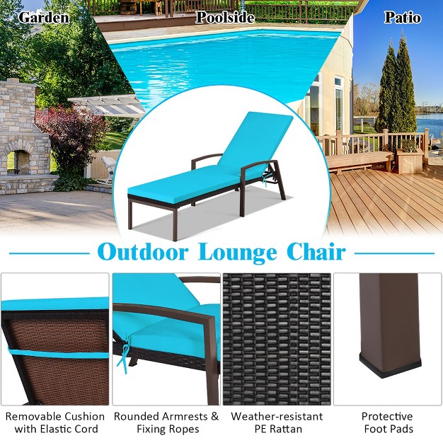 Costway Patio Rattan Lounge Chair Chaise Recliner Back Adjustable W cushion Turquoise