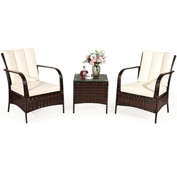 Costway 3 PCS Patio Wicker Rattan Furniture Set Coffee Table and 2