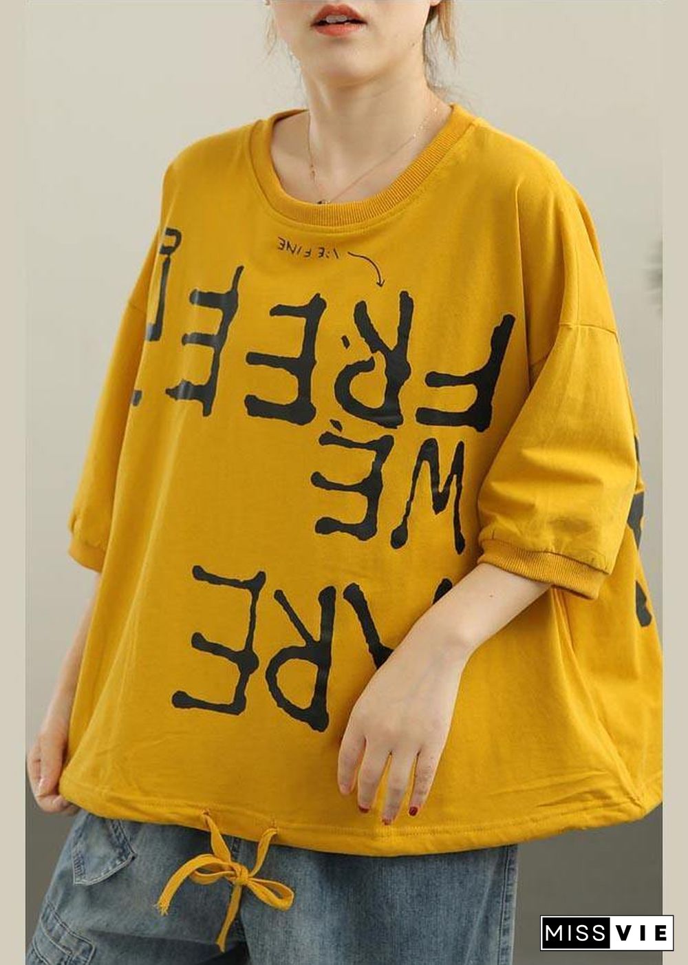 Casual Yellow Graphic Loose Cotton T Shirts Summer