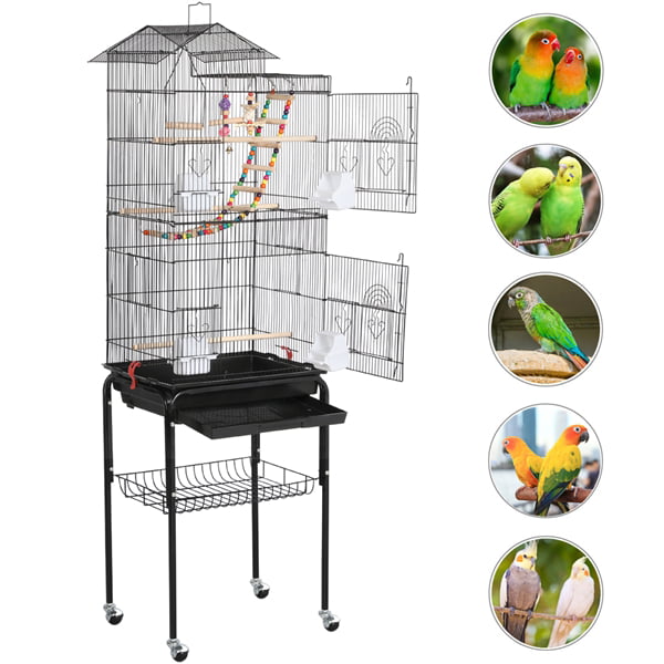 Topeakmart 62.4'' H Rolling Metal Bird Cage with Detachable Stand and Toys， Black