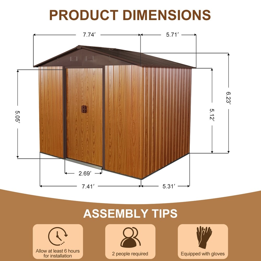 8ft x 6ft Outdoor Metal Storage Shed with Floor Base Vents for Garden Coffee