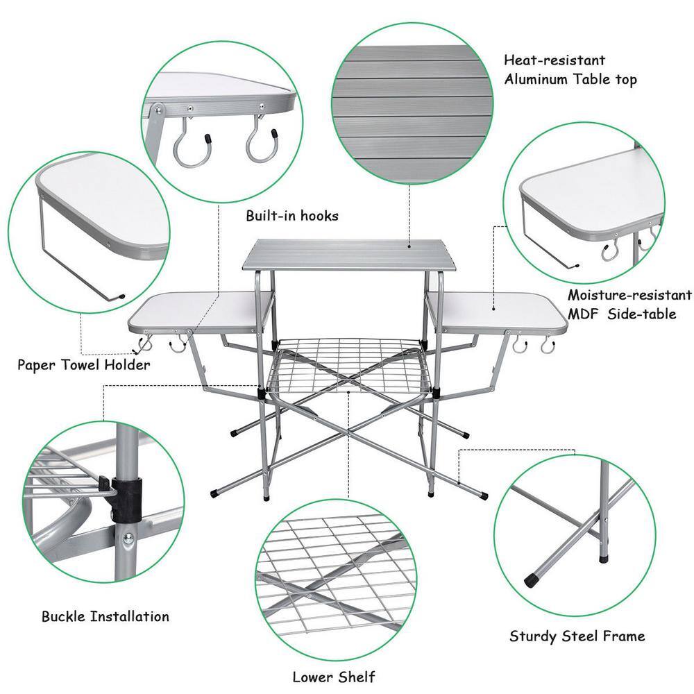 32 in. H White Rectangle Aluminum Foldable Camping Outdoor Picnic Table Kitchen Grilling Stand BBQ WF-OP3688