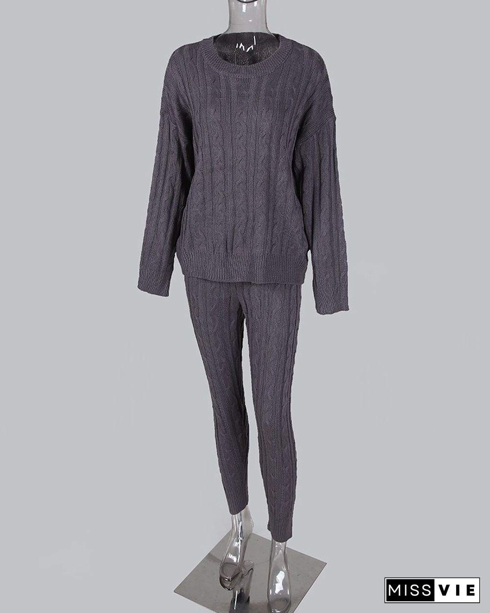 Solid Ribbed Knitting Casual Sweater & Pants Sets