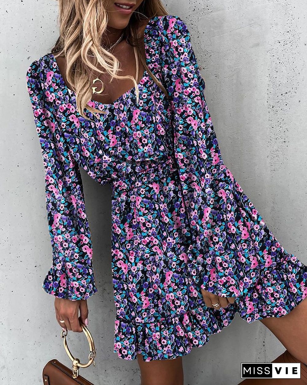 Long Sleeve Elastic Waist Ruffle Printed Dress