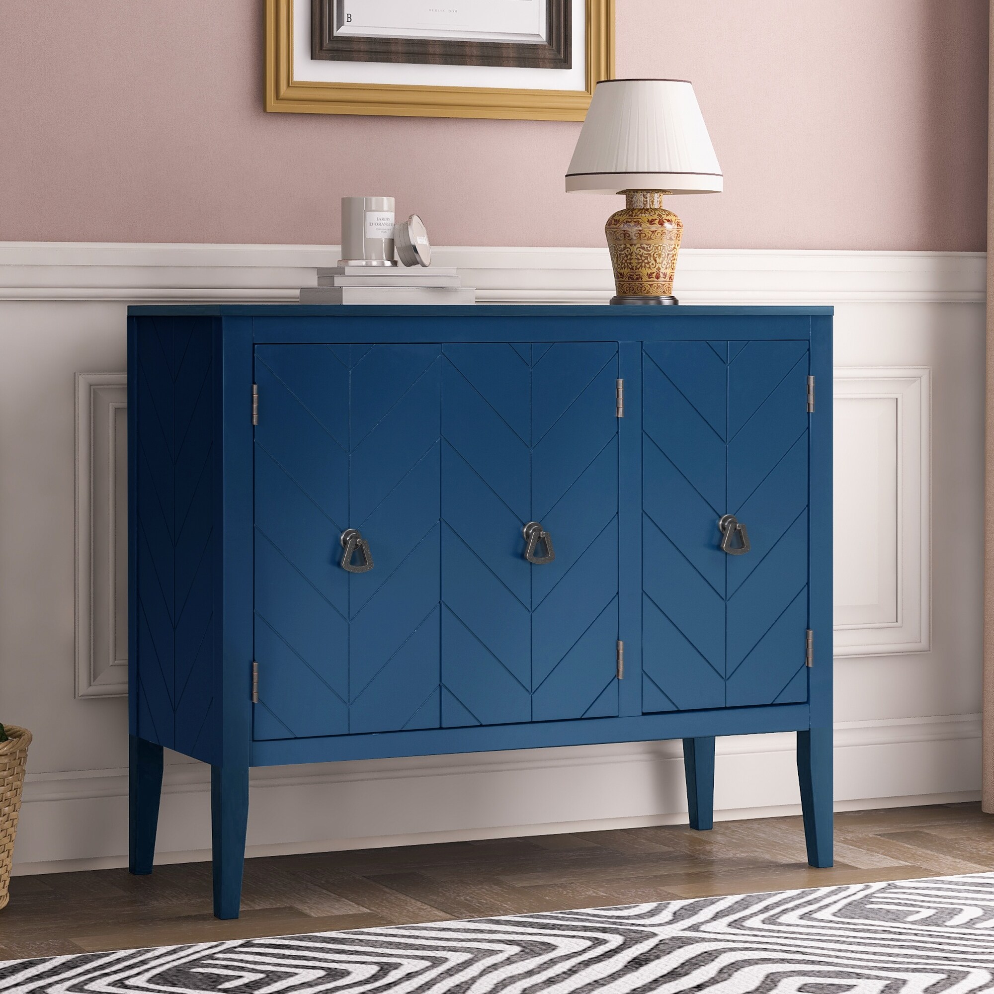 Navy Blue Entryway Console Table Storage Cabinet with Adjustable Shelf