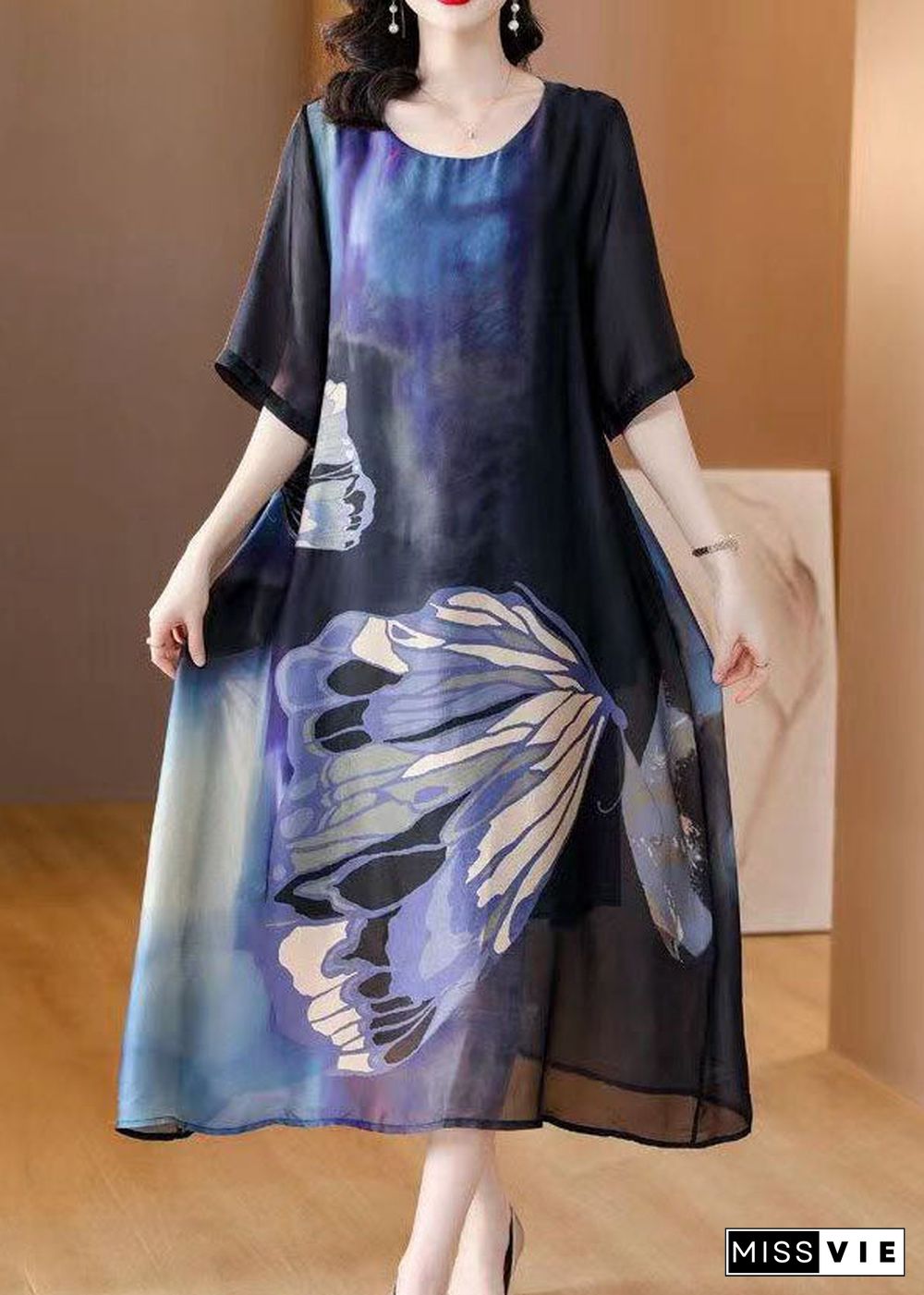 Italian Blue O Neck Print Patchwork Slim Silk Dresses Summer