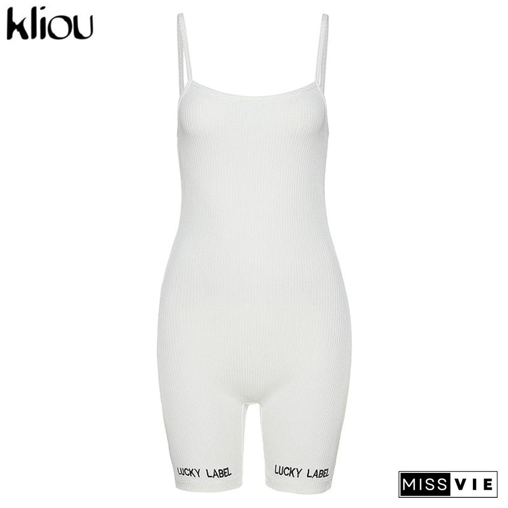 Kliou Suspenders Rompers Women Summer Playsuit Slash Neck Letters Embroidery Elastic Streetwear Ribbed Sleeveless Slim