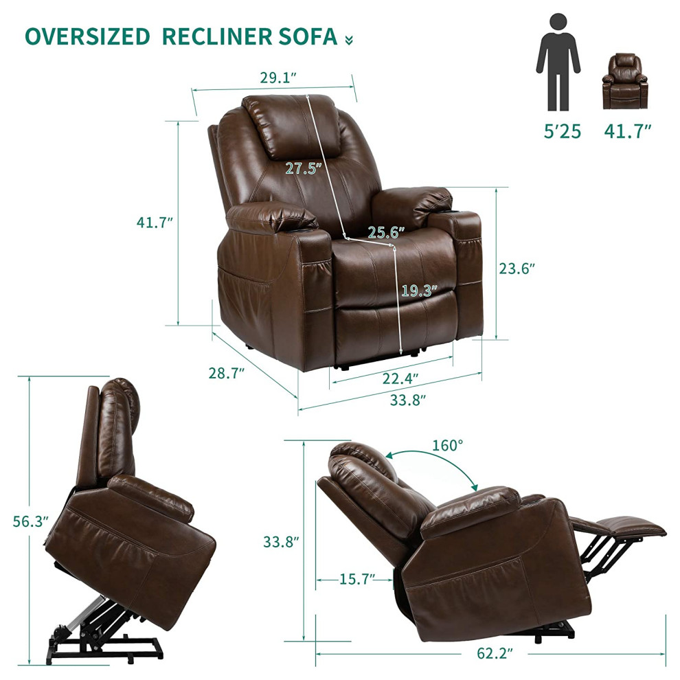 Power Lift Recliner  Faux Leather Seat and Back With 8 Vibrations Points  Brown   Transitional   Recliner Chairs   by Decorn  Houzz