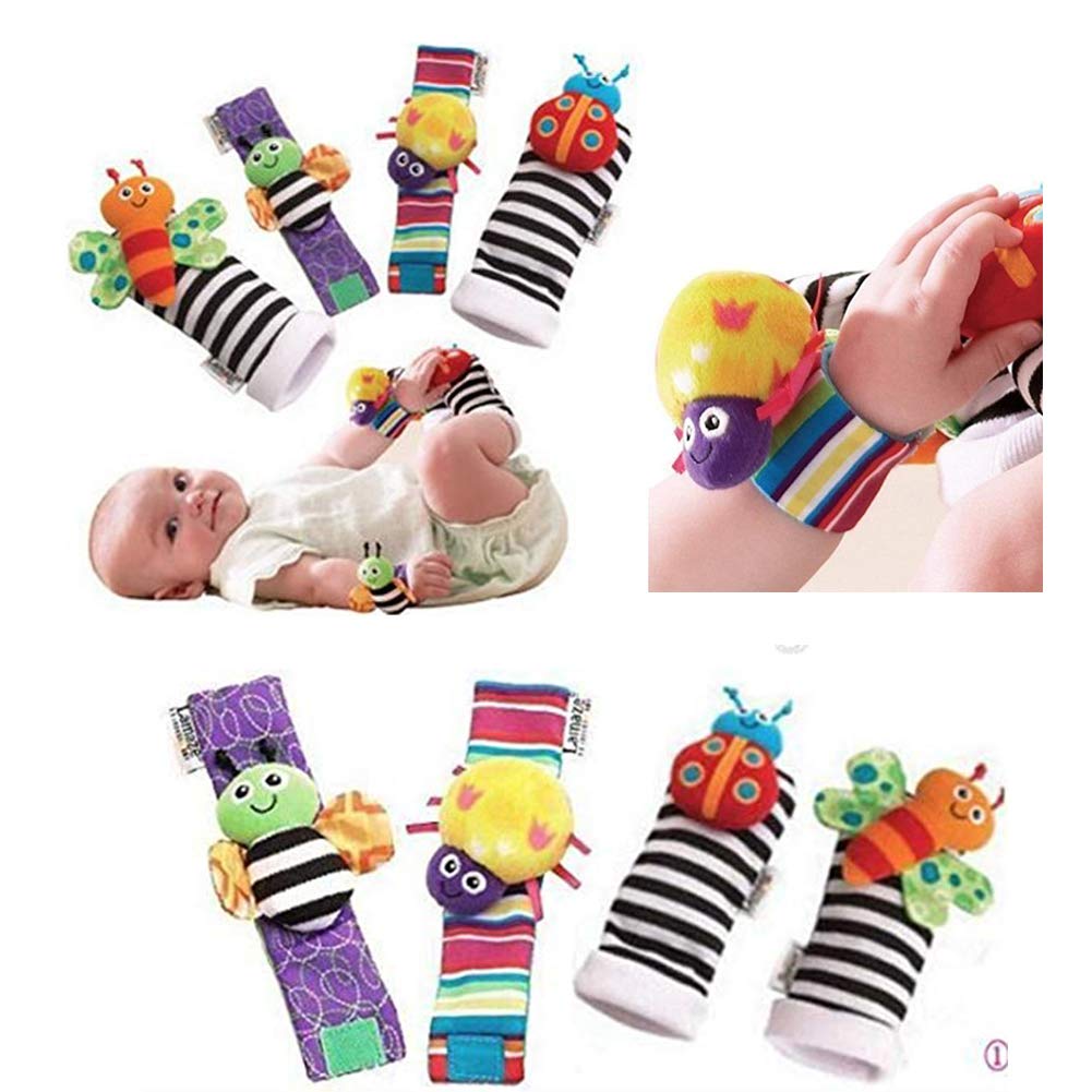 Coolmade Infant and Baby Puzzle Lovely Socks And Wrist Strap Toy Cartoon Animal Shaped Wrist Rattles Foot Socks Toys 4 pcs