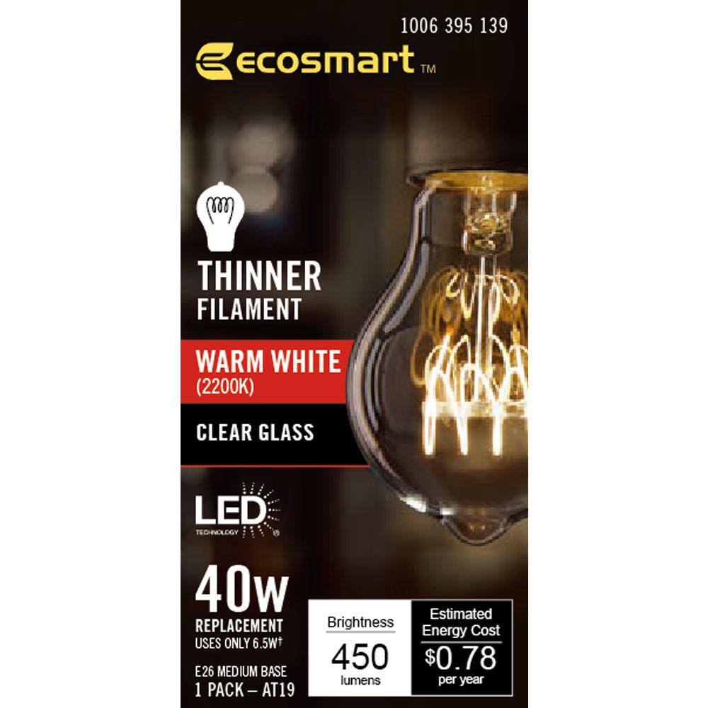 EcoSmart 40-Watt Equivalent AT19 Dimmable Horizontal Filament LED Vintage Edison Light Bulb Warm White (1-Pack) AT19C6E26822W