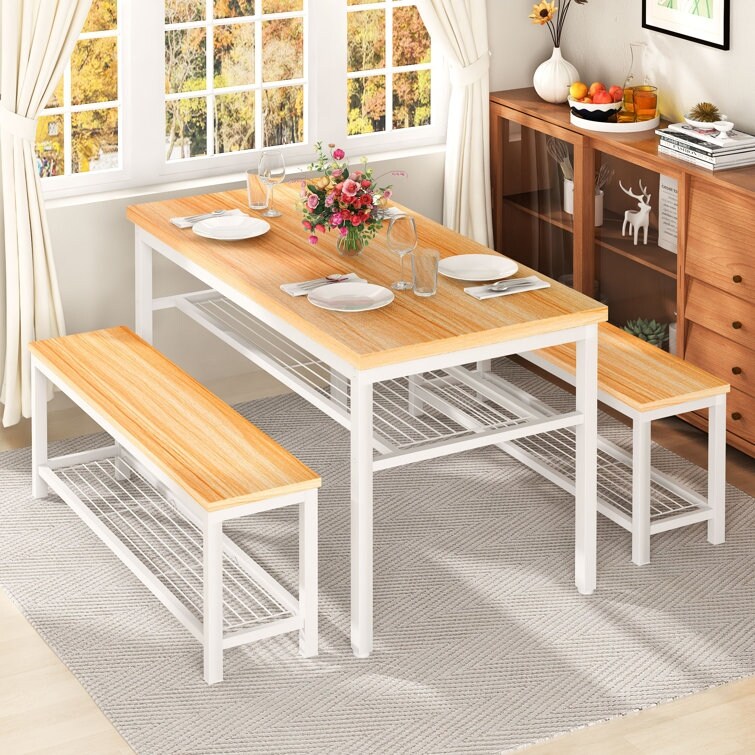 3 Piece Dining Table Set  4   Person Dining Set  Kitchen Dining Table with 2 Benches  Dining Room Table Set with Storage Rack