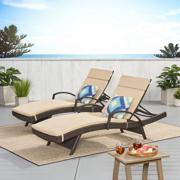 Haage Set Of 2 Outdoor Wicker Armed Chaise Lounge With Cushion Brown Christopher Knight Home