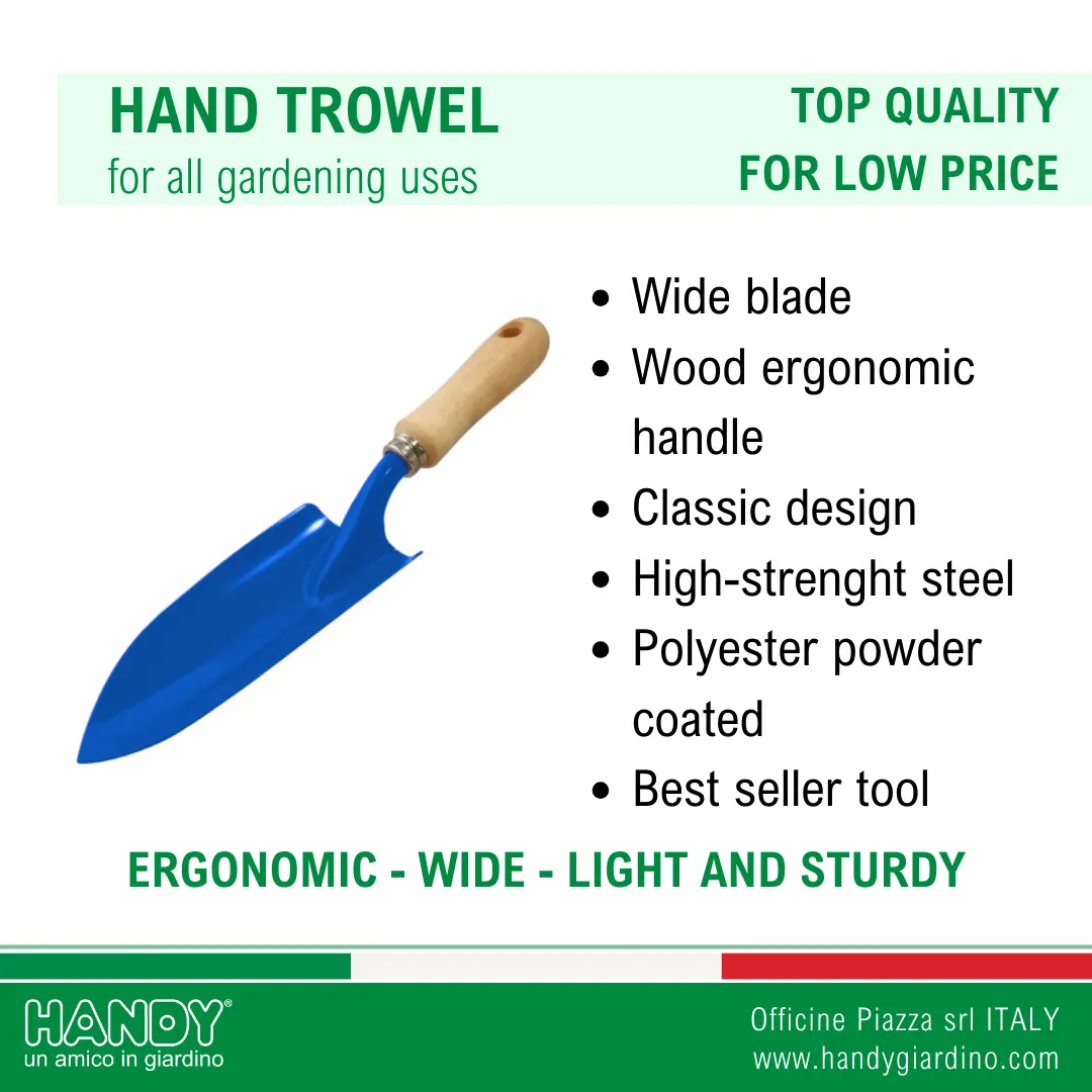 High quality Italian production steel and wood customizable hand trowel for gardening and plant care