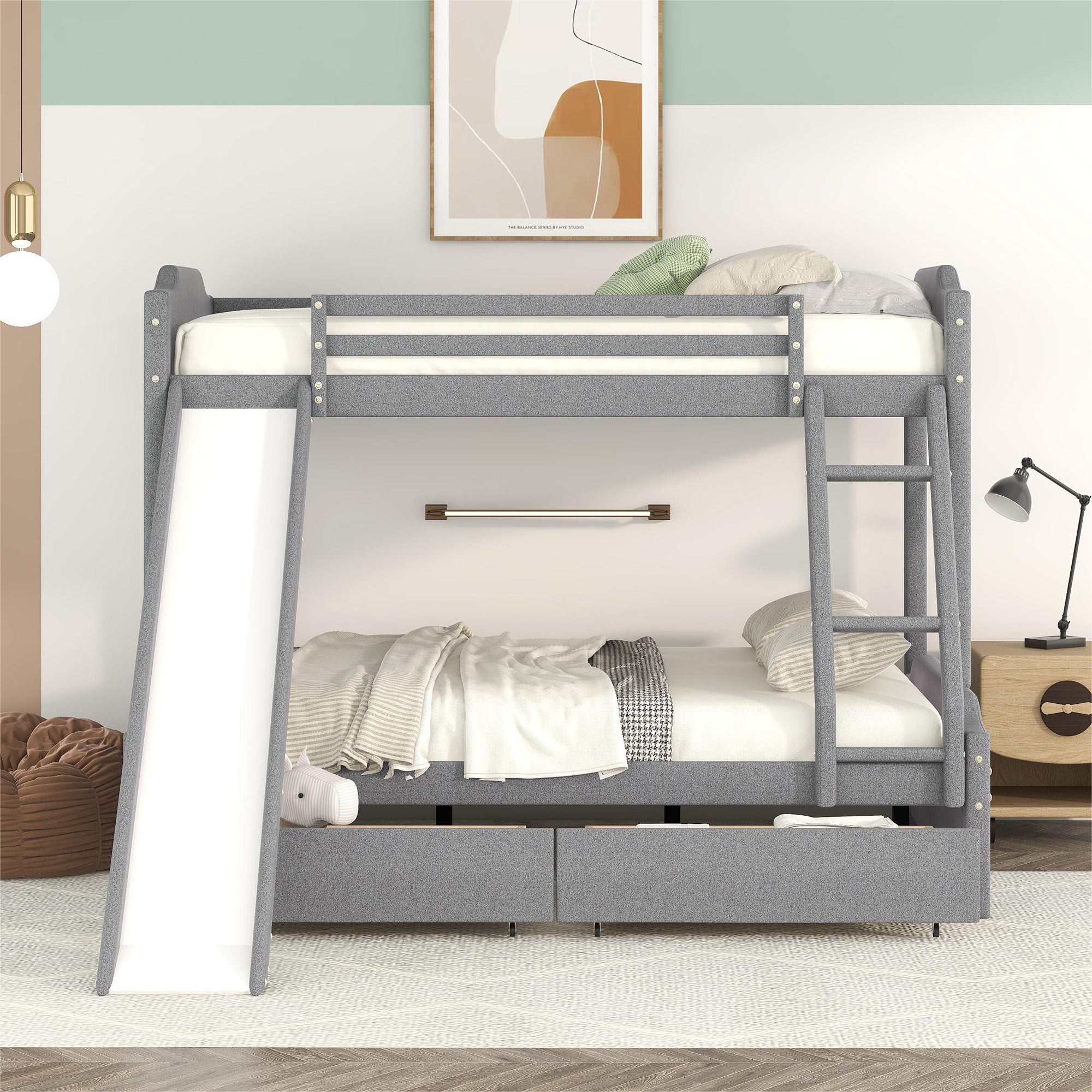 EUROCO Upholstery Twin over Full Bunk Bed with Slide and Drawers for Kids Room, Gray