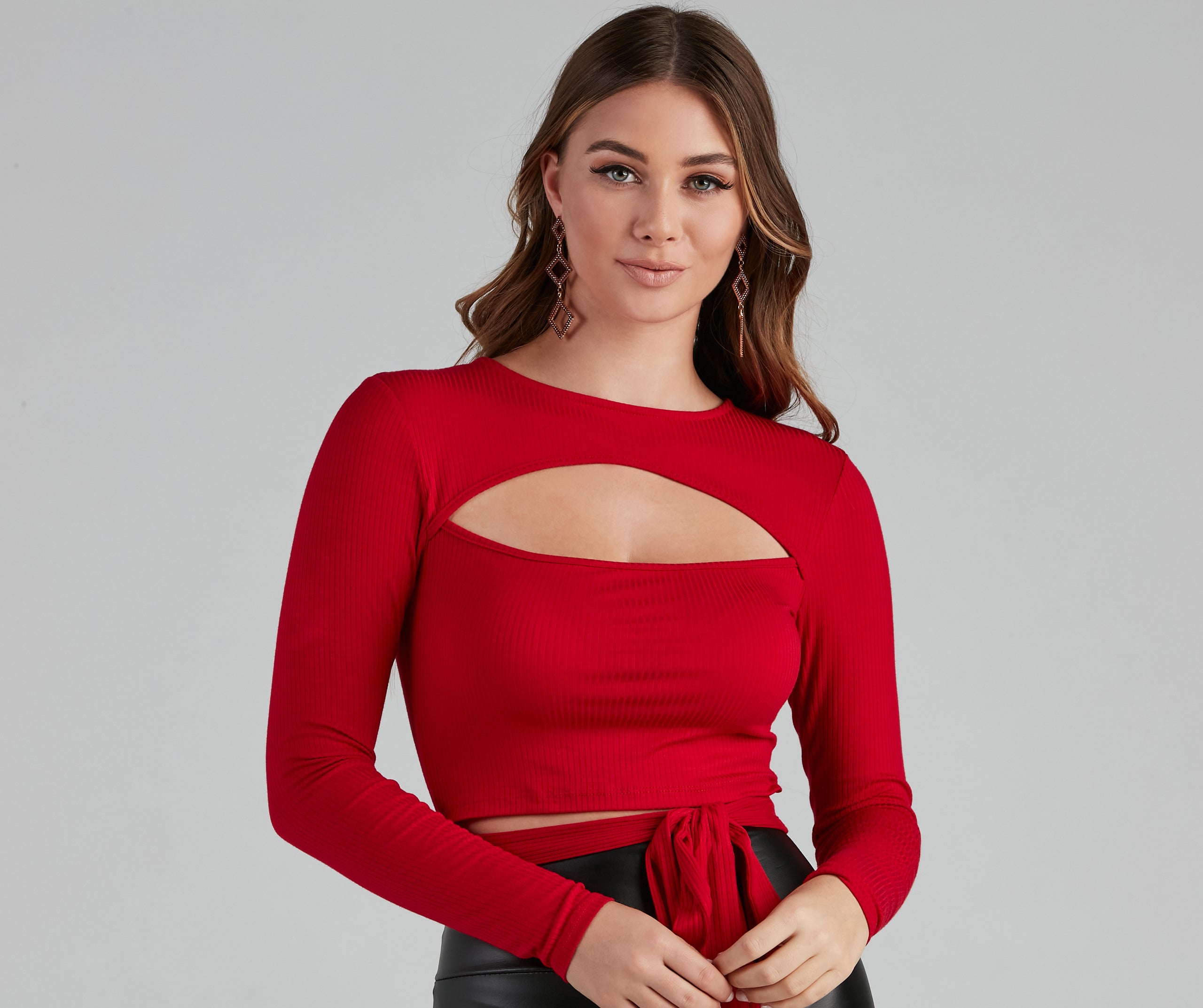 Stylish Ties Long Sleeve Cutout Top