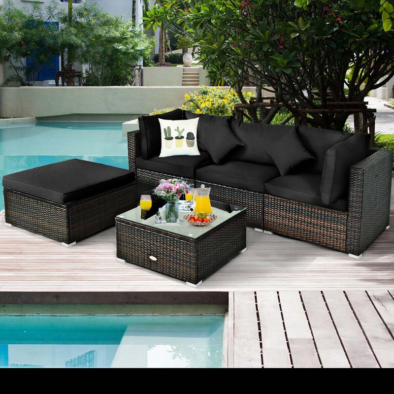 5 Pcs Outdoor Patio Rattan Furniture Sectional Sofa Set Wicker Conversation Set with Cushions