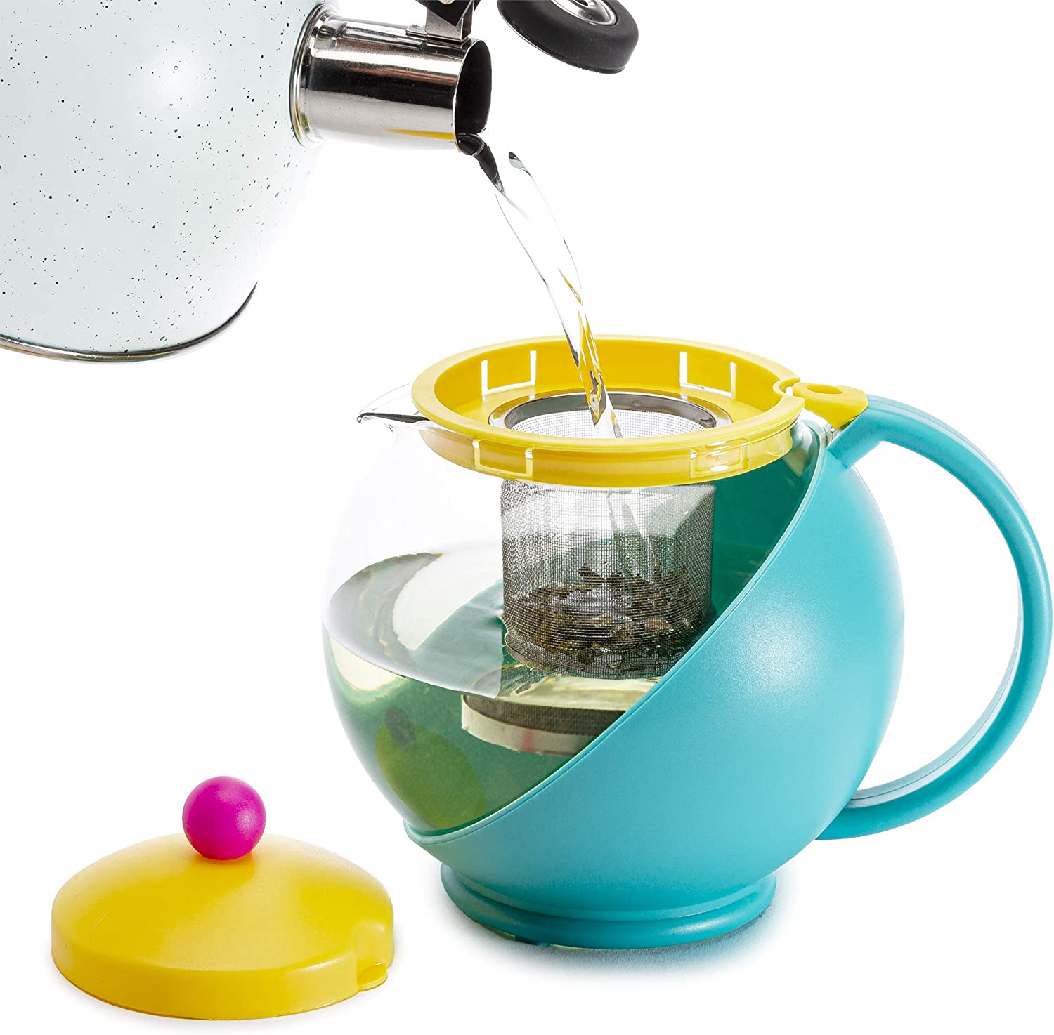 Primula Half Moon Teapot Set with 4 Tea Cups, Removable Stainless Steel Filter and Infuser, Glass Tea Maker, Filter, Dishwasher Safe, 40-Ounce, Tea Gift Set, Tea Set for Service of 4 Adults