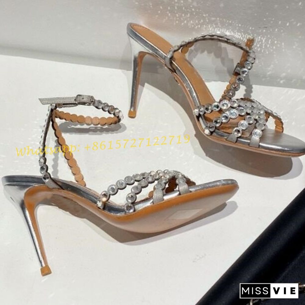 Crystal Cross Suede Sandals With Heels Party Luxury Elegant Thin Heels Summer Sandals Open Toe Women Wedding Rhinestone Shoes