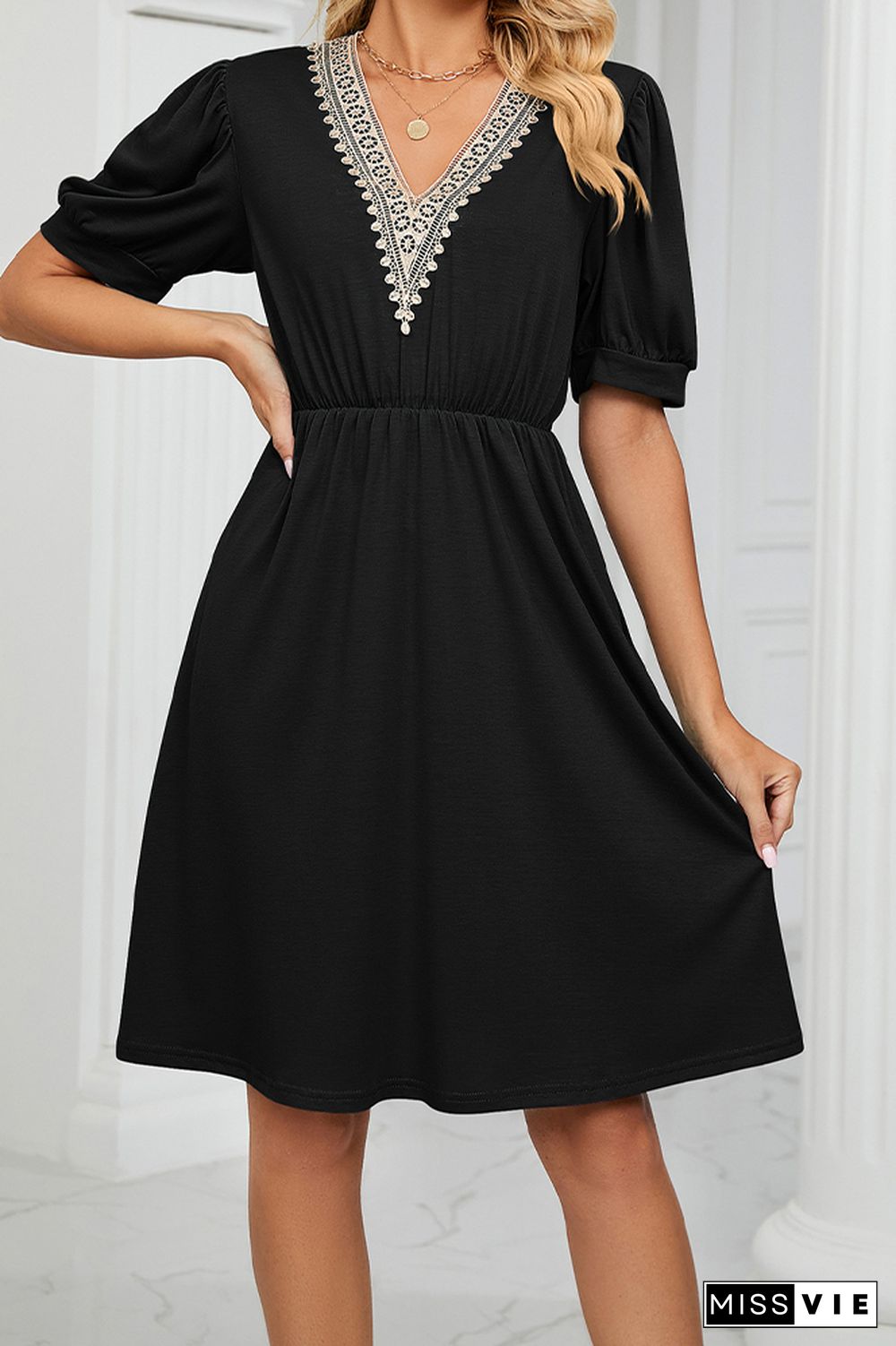 V Neck Lace Edge Pockets T-Shirt Dress