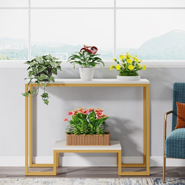 White/ Gold Faux Marble 2-Tier Console Accent Table with Open Storage Shelf， Mid -century Modern Entraway Table