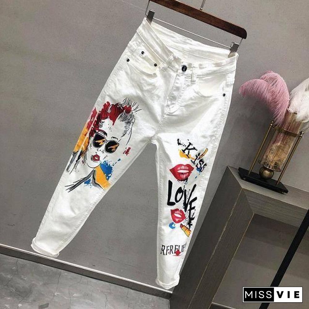 plus Size Women White Denim Jeans Cartoon Graffiti Flowers Print Stretched Hallen Jeans Pencil Pants Autumn Skinny Jeans LU1271