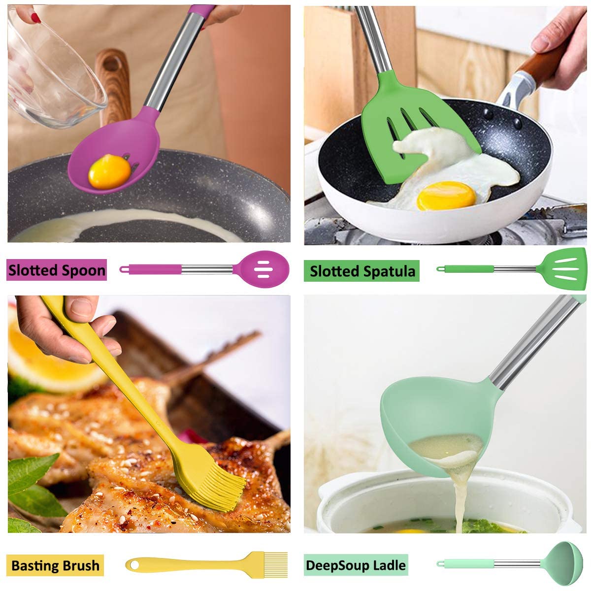 Umite Chef Kitchen Utensils Set, 15 pcs Silicone Cooking Kitchen Utensils Set, Heat Resistant Non-stick BPA-Free Silicone Stainless Steel Handle Turner Spatula Spoon Tongs Whisk Cookware - Colorful