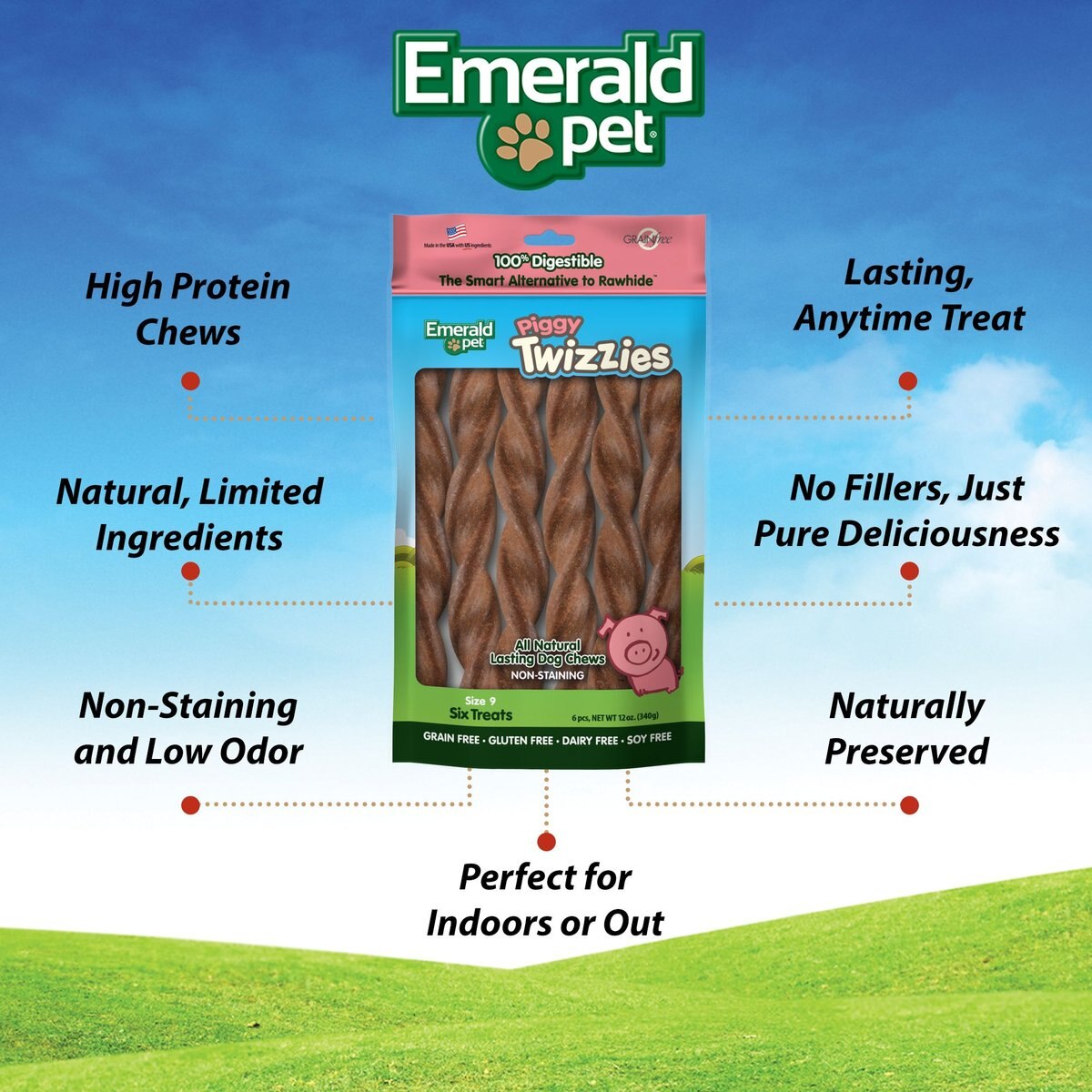 Emerald Pet Piggy Twizzies Grain-Free Dog Treats. 9-in