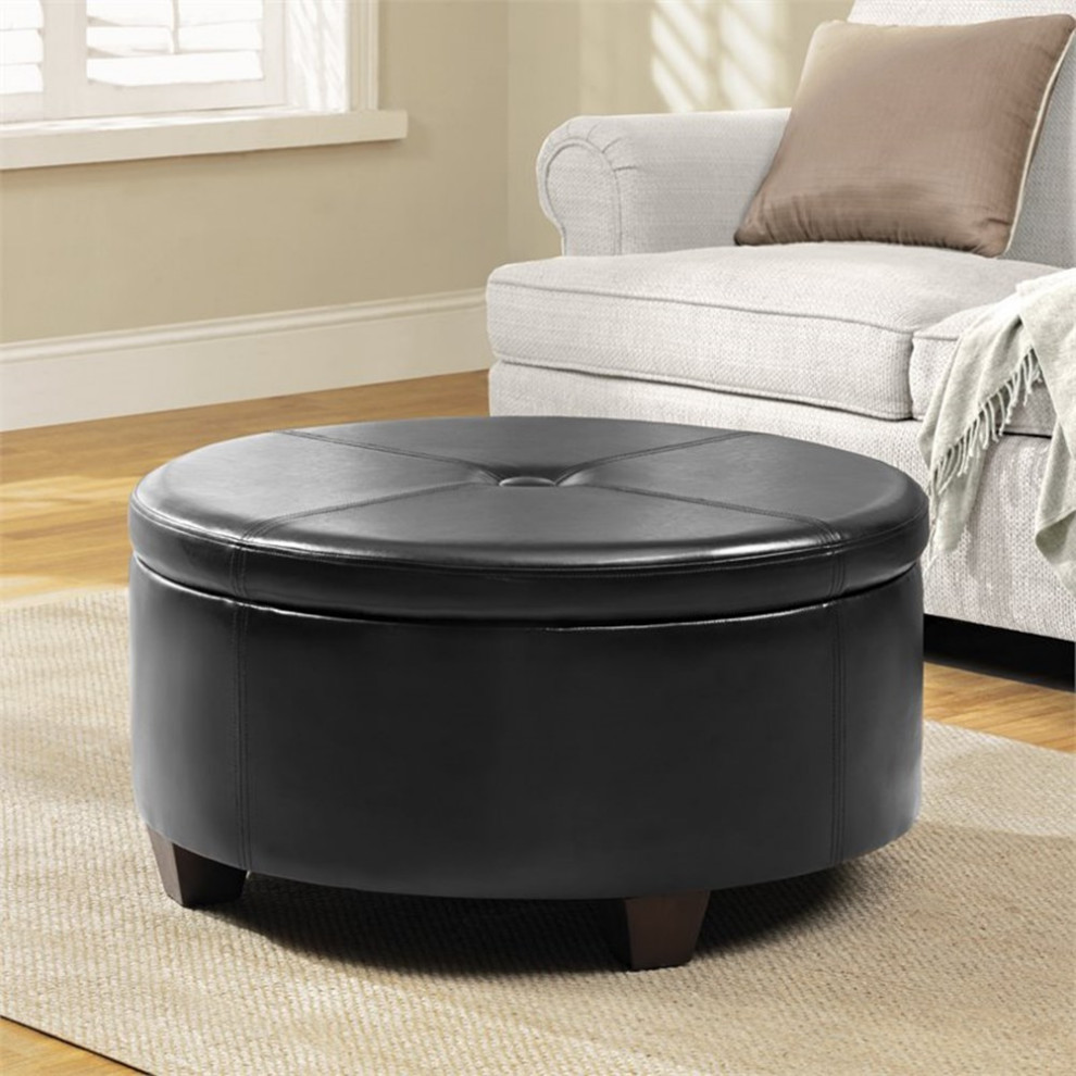 HomePop Winston Faux Leather Button top Large Storage Ottoman in Black   Transitional   Footstools And Ottomans   by Homesquare  Houzz