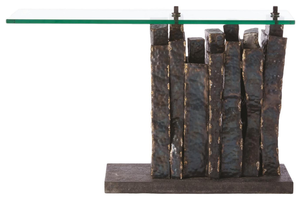 Rustic Industrial Iron Sculpture Console Table  Strips Brutalist Torched Metal   Industrial   Console Tables   by My Swanky Home  Houzz