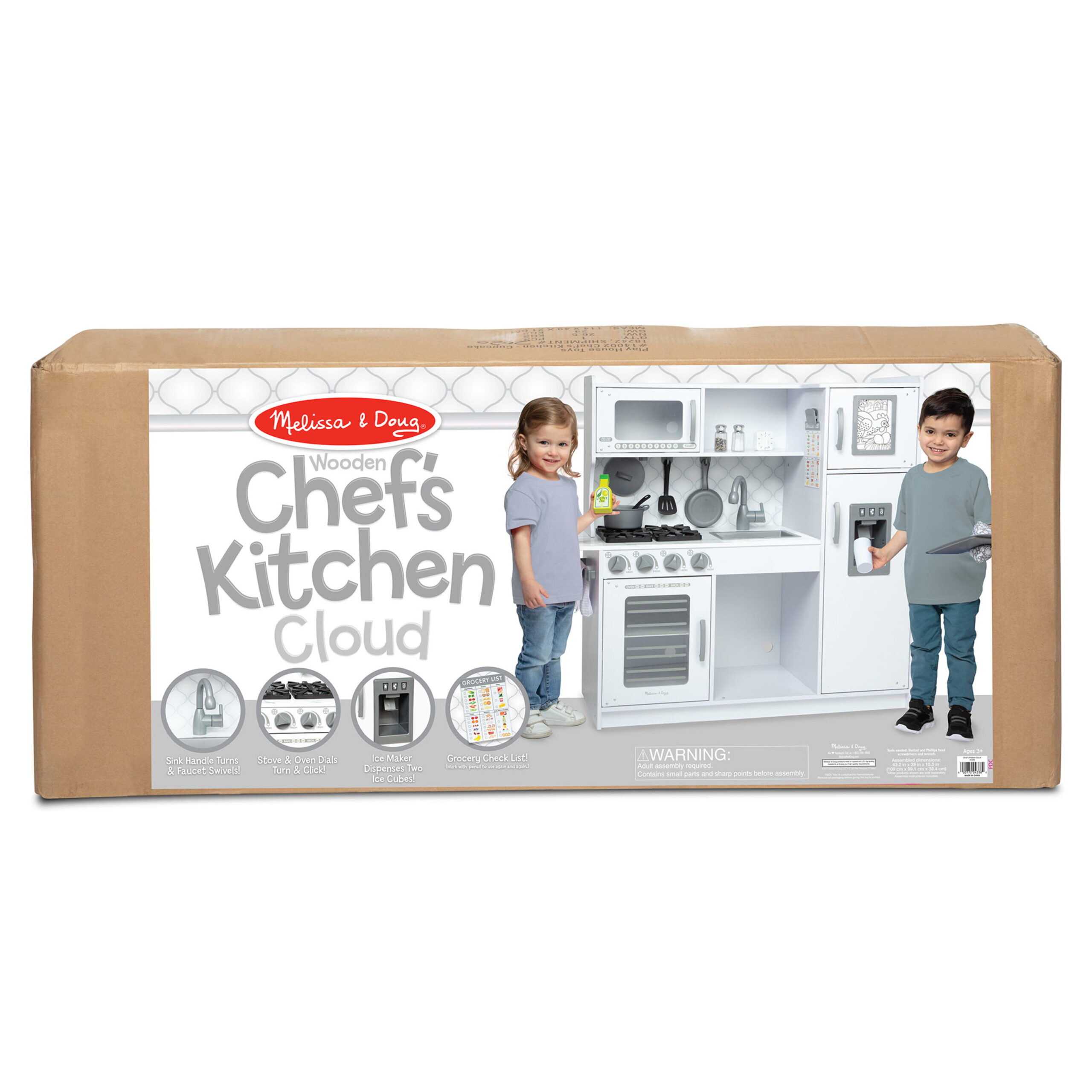 Melissa and Doug Wooden Chef’s Pretend Play Toy Kitchen With “Ice” Cube Dispenser – Cloud White - FSC-Certified Materials