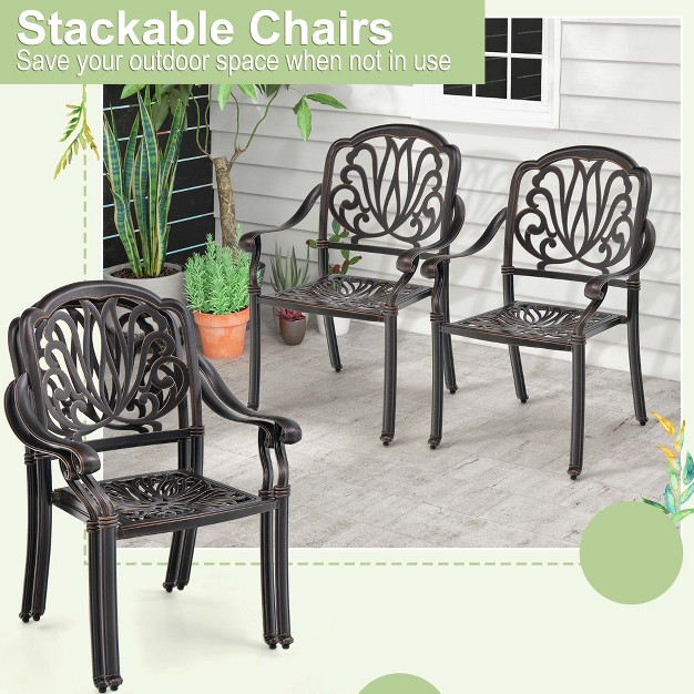 Costway 4pcs Patio Cast Aluminum Dining Chairs Armrests Outdoor Stackable Bronze white