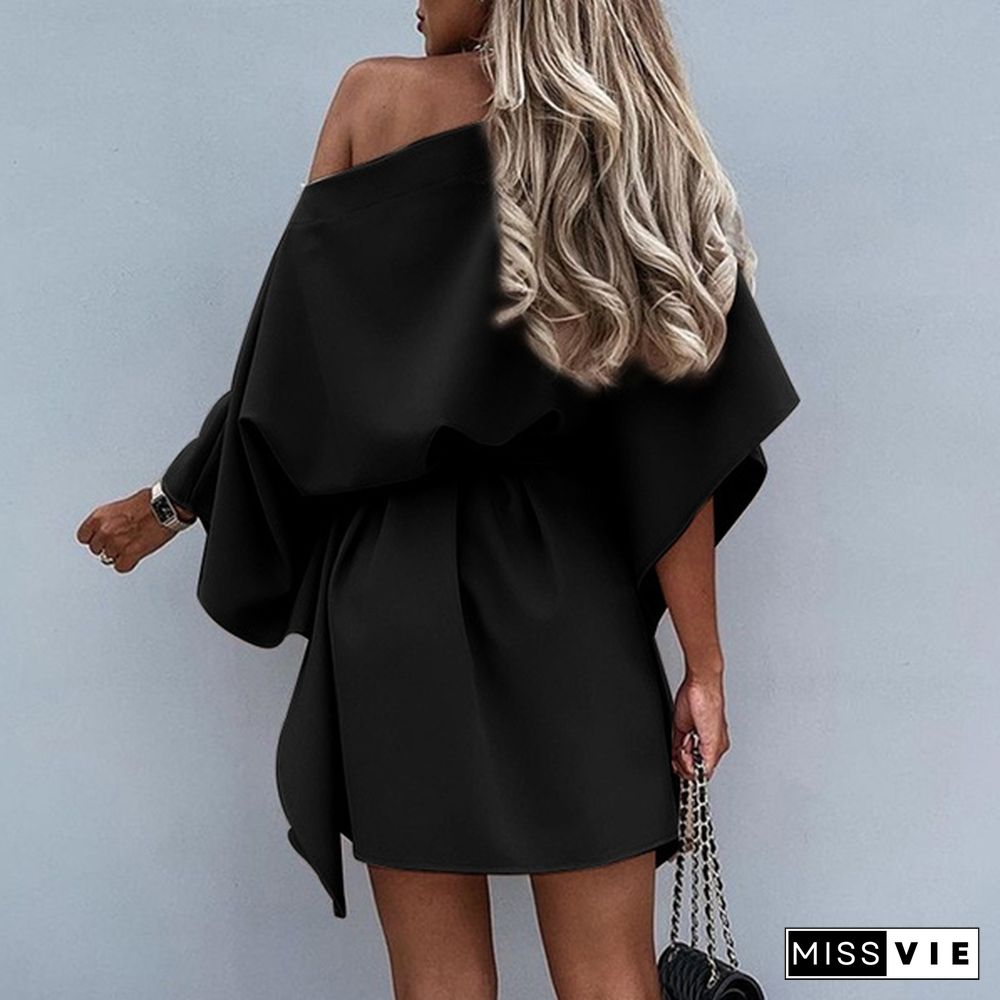 Women Fashion Batwing Sleeve Party Holiday Mini Dress One Off Shoulder Sexy Ruffled Short Dress Vestidos Plus Size