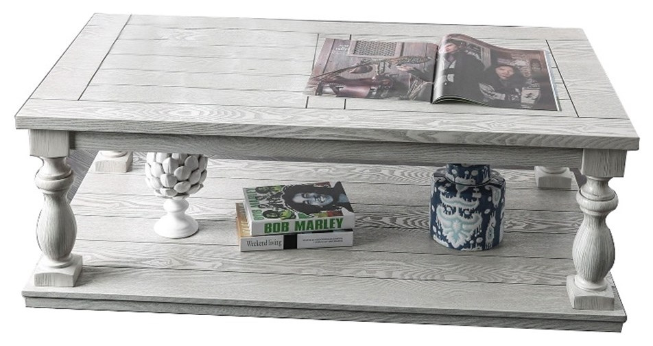 Plank Top Coffee Table with Open Shelf and Turned Legs Antique White   French Country   Coffee Tables   by Homesquare  Houzz