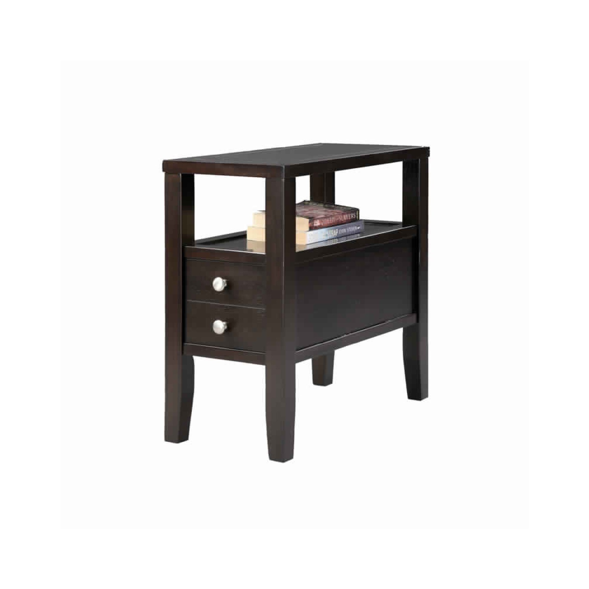 Wooden End Table with Upper Shelf and 2 Drawers， Dark Brown