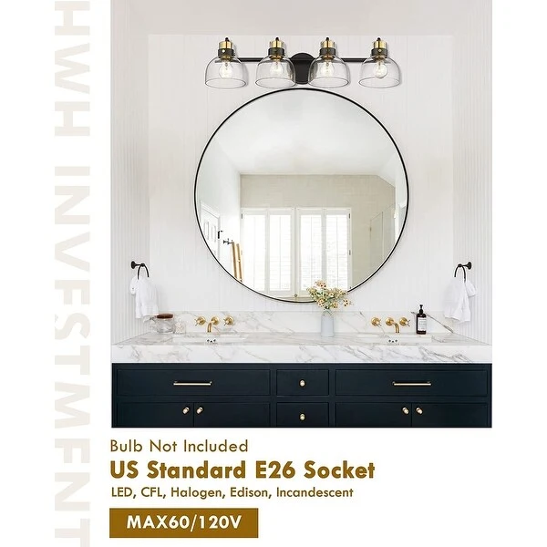 Modern Bathroom Vanity Light with Clear Glass Shade, Black and Gold Finish