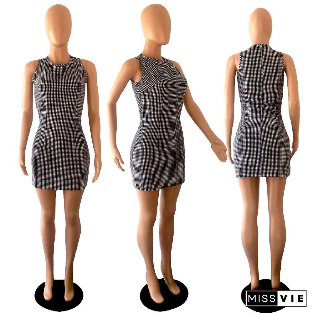 Classic Plaid Print O Neck Sleeveless Bodycon Dresses