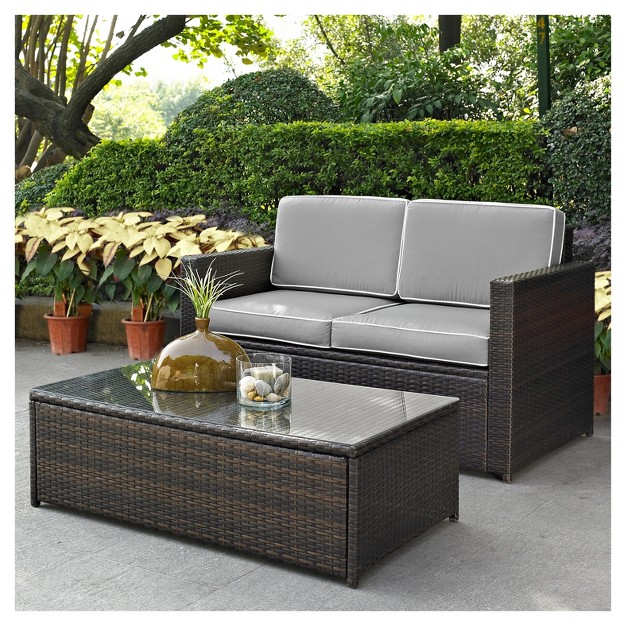 Palm Harbor 2pc Outdoor Wicker Seating Set With Gray Cushions Loveseat amp Glass Top Table Crosley