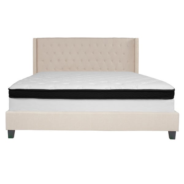 Set of 2 Beige and Black Tufted King Size Platform Bed with Memory Foam Mattress 85.25