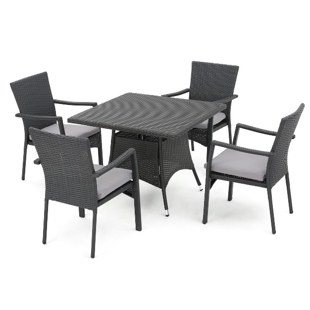 Campbell 5 piece All weather Wicker Patio Dining Set With Water resistant Cushions Gray Christopher Knight Home