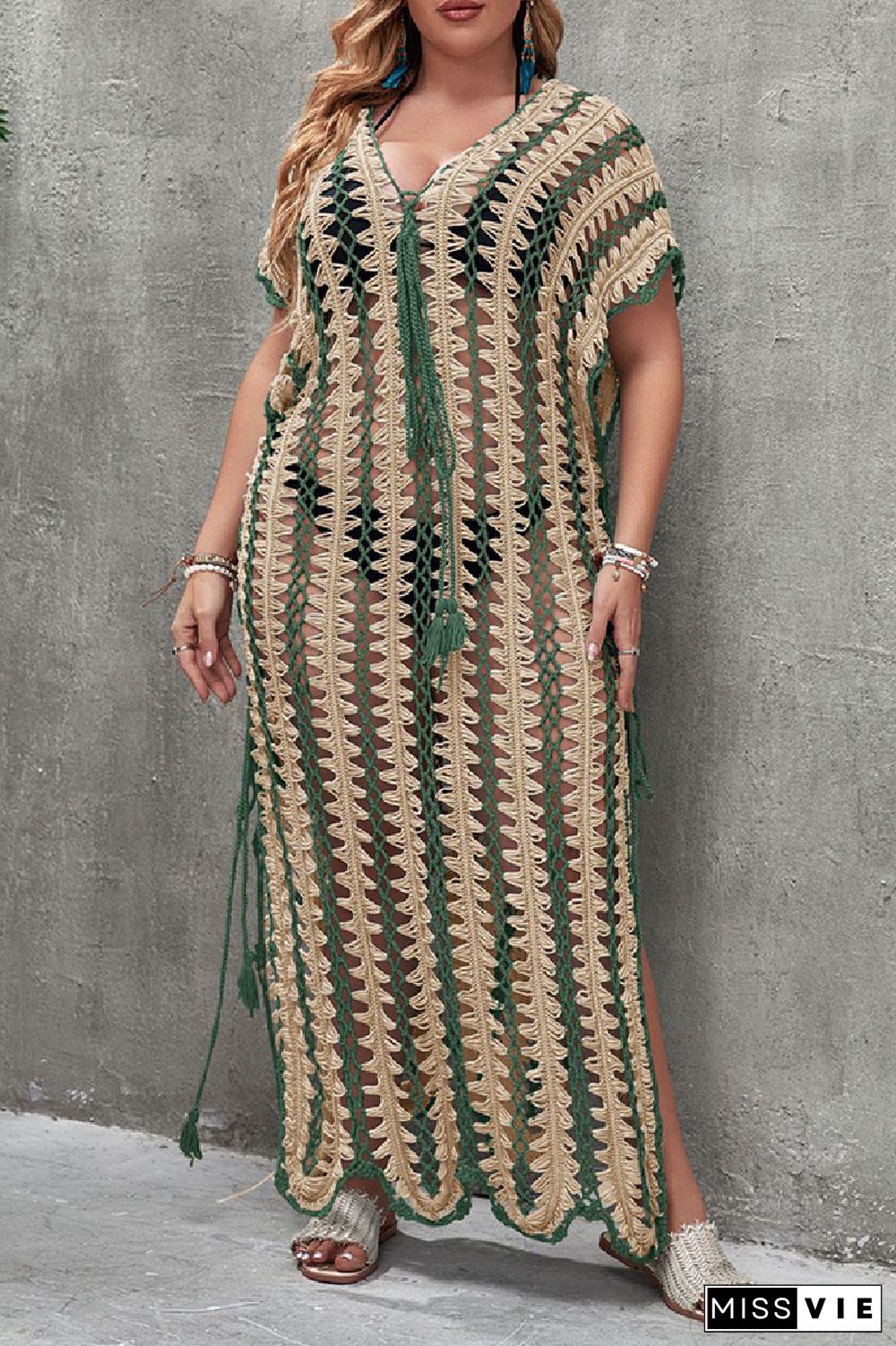 Sexy Patchwork Hollowed Out Slit Weave V Neck Beach Plus Size Dresses