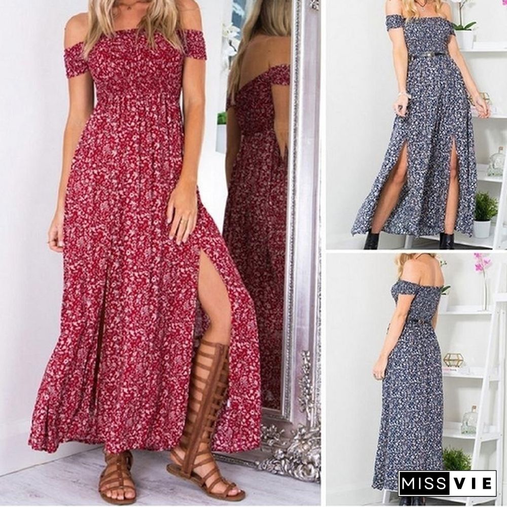 Women Summer Sexy Floral print off shoulder Beach Bohemian Chiffon Dress