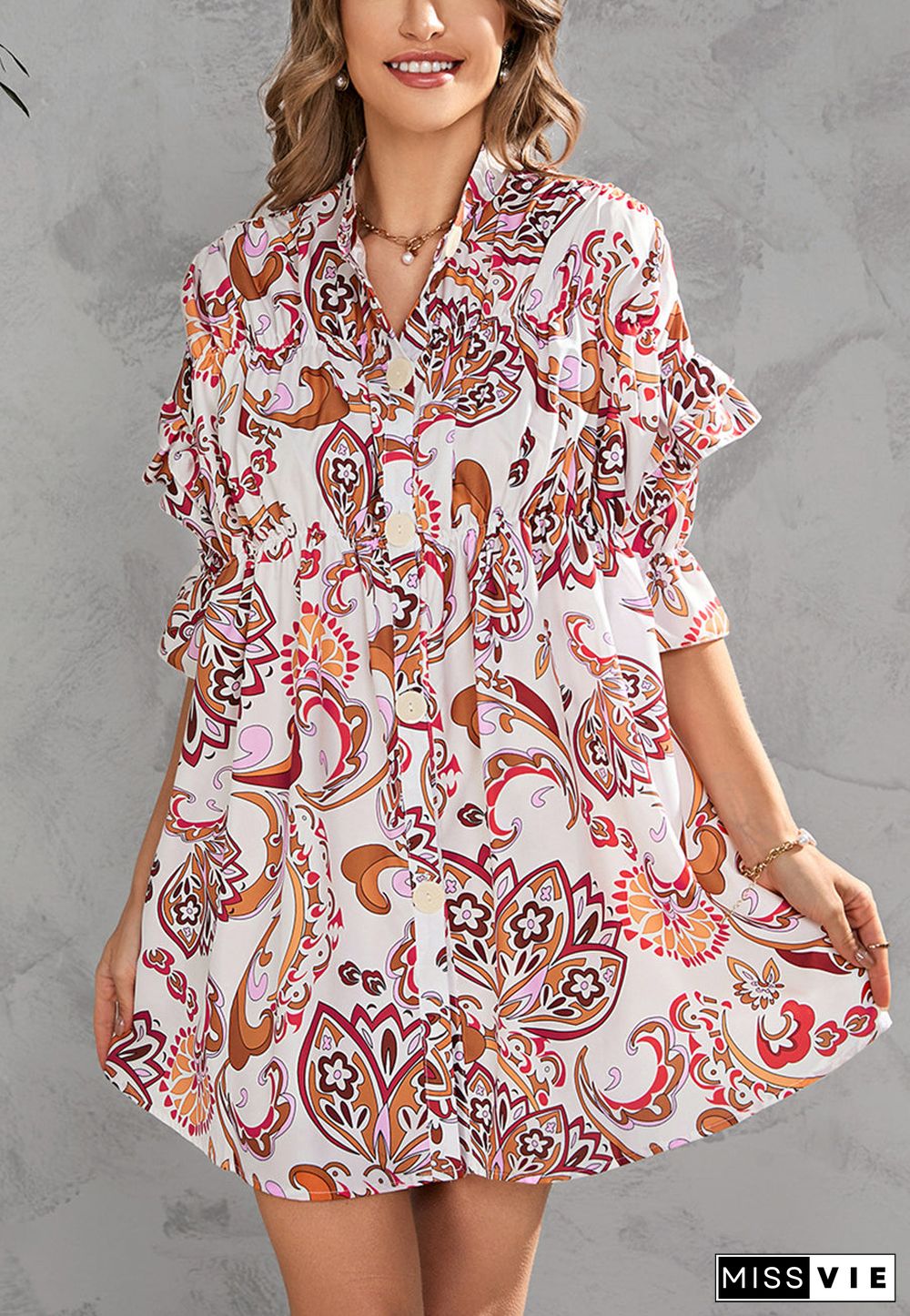 Printed Front Down Button Dress