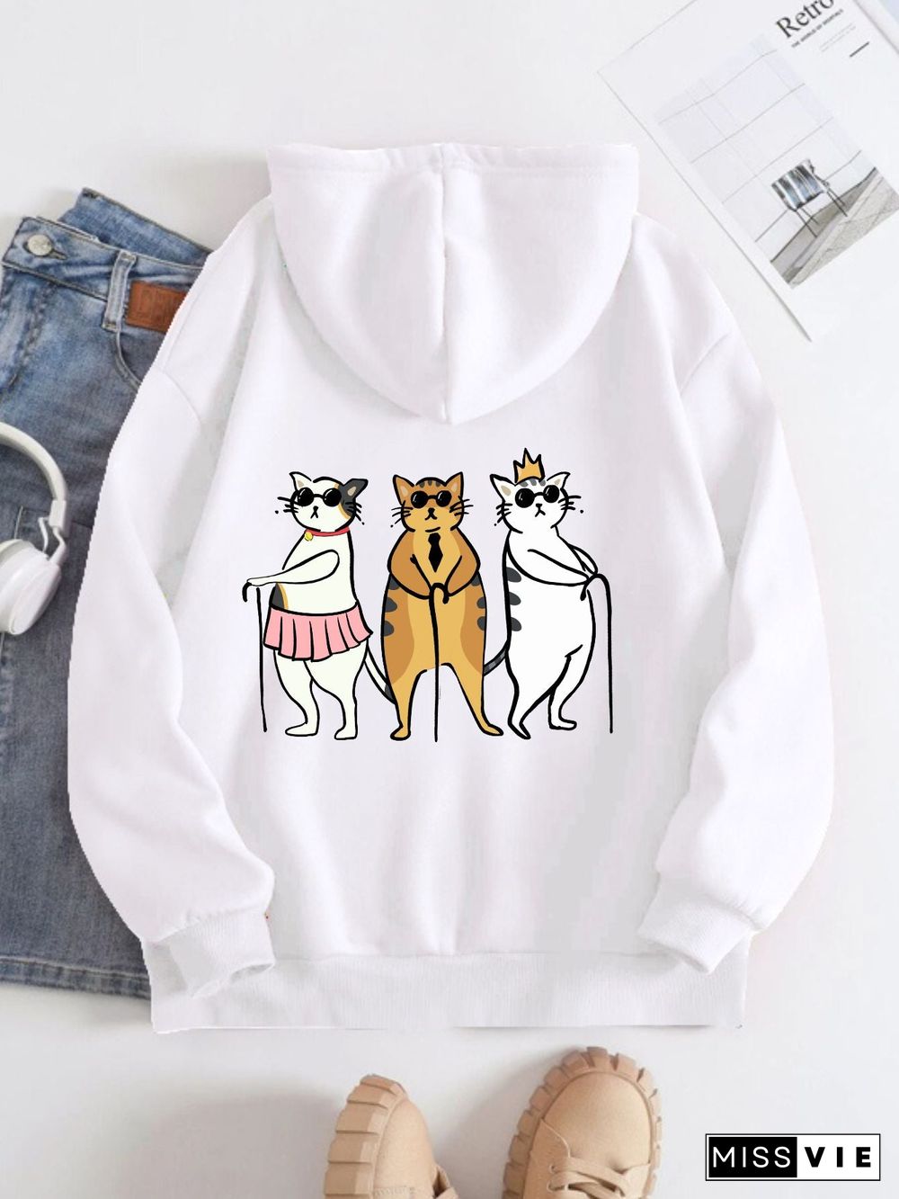 Printed on the Back Kangaroo Pocket Hoodie Long Sleeve for Women Pattern  Three Best Friend Cats